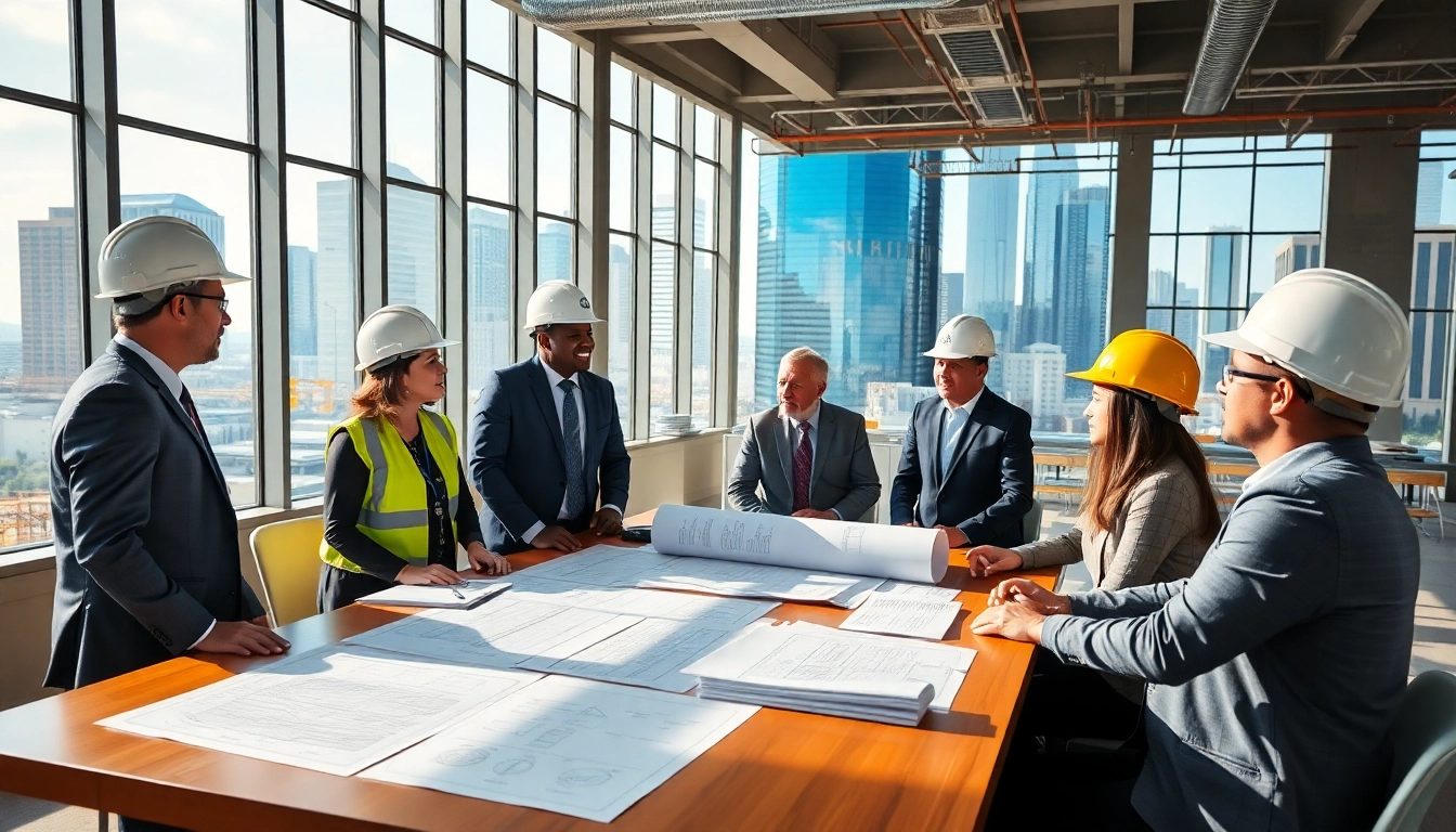 Engaging construction advocacy discussion among professionals at a meeting, showcasing collaboration.