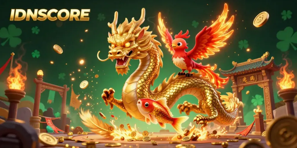 IDNSCORE features a powerful dragon and phoenix in a vibrant gambling-themed scene, showcasing golden coins and dramatic effects.