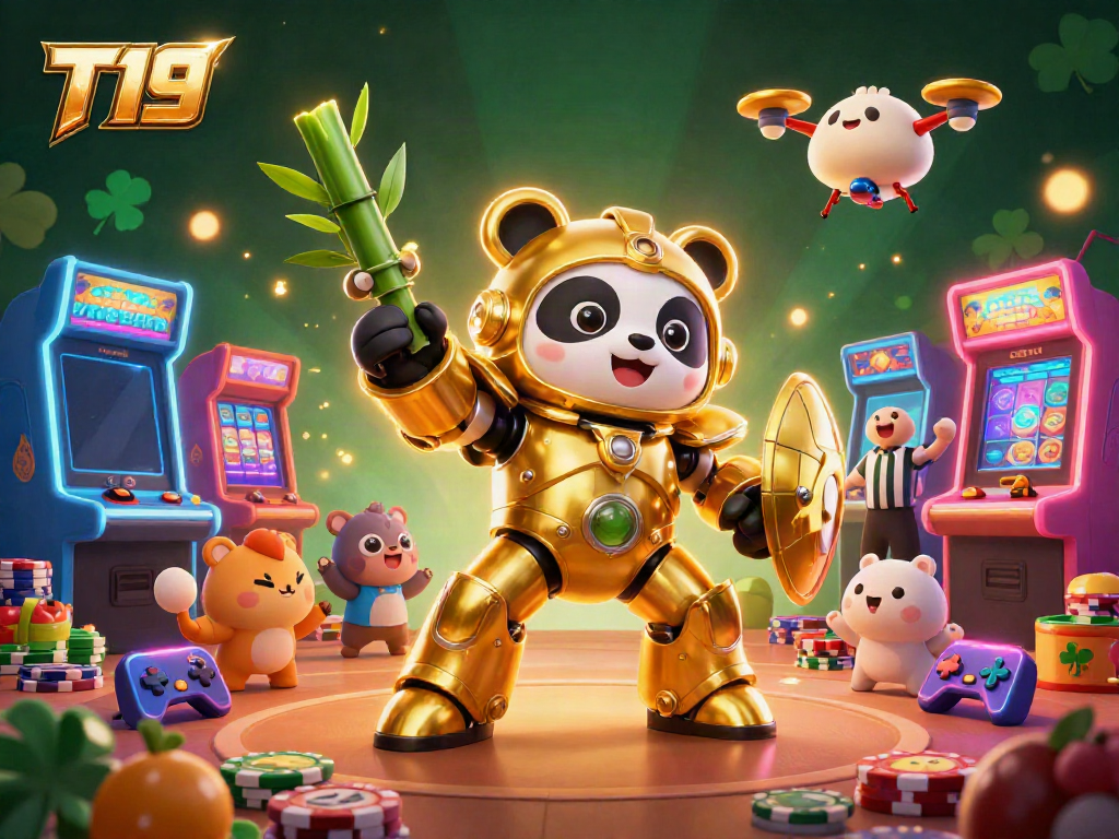 T19 golden panda in mech battling in a vibrant gaming arena filled with slot machines and fans.