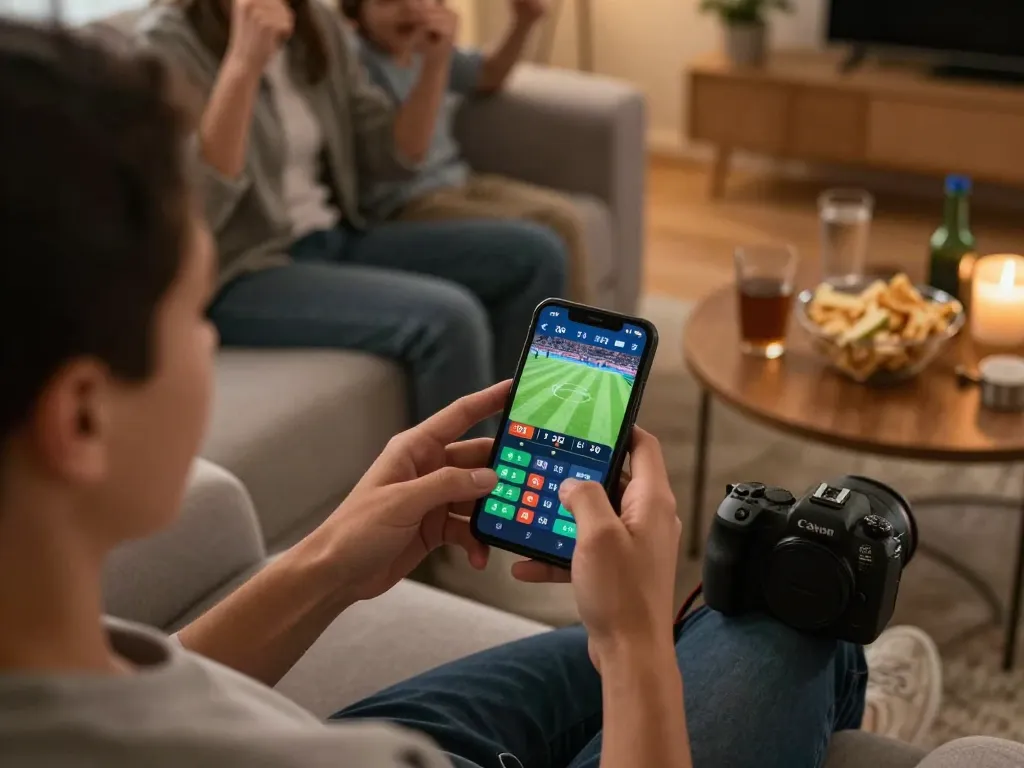 Engaging sports betting experience with live odds on smartphone reflecting Tỷ lệ kèo nhà cái while enjoying a football match at home.