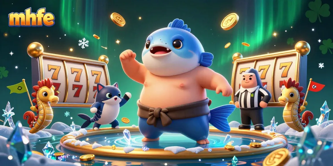 Engaging illustration of mhfe with fugu in a sumo wrestling clash amidst slot reels, vibrant casino atmosphere.