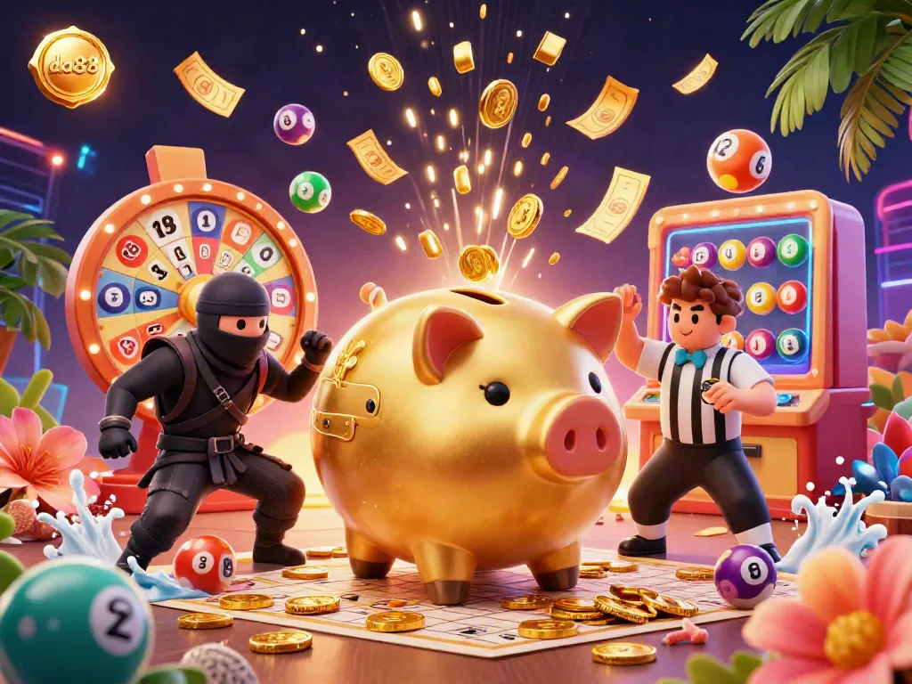 Experience the da88 excitement with vibrant characters, lottery elements, and a dynamic casino atmosphere.
