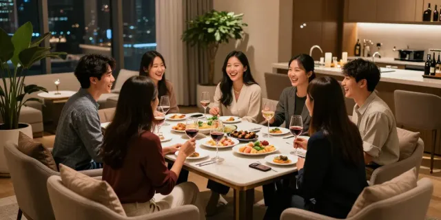 강남구구단에서 친구들과 즐거운 시간을 보내는 모습, 아늑한 분위기와 세련된 인테리어가 돋보입니다.