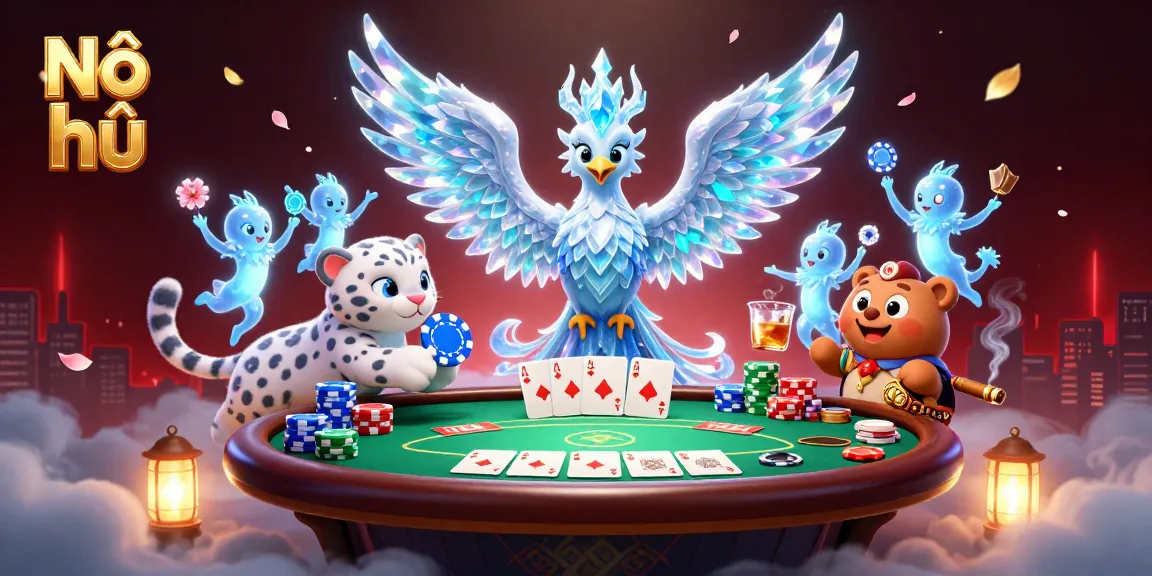 Nổ hũ leads the virtual gaming world with an enchanting ice phoenix amidst poker excitement.