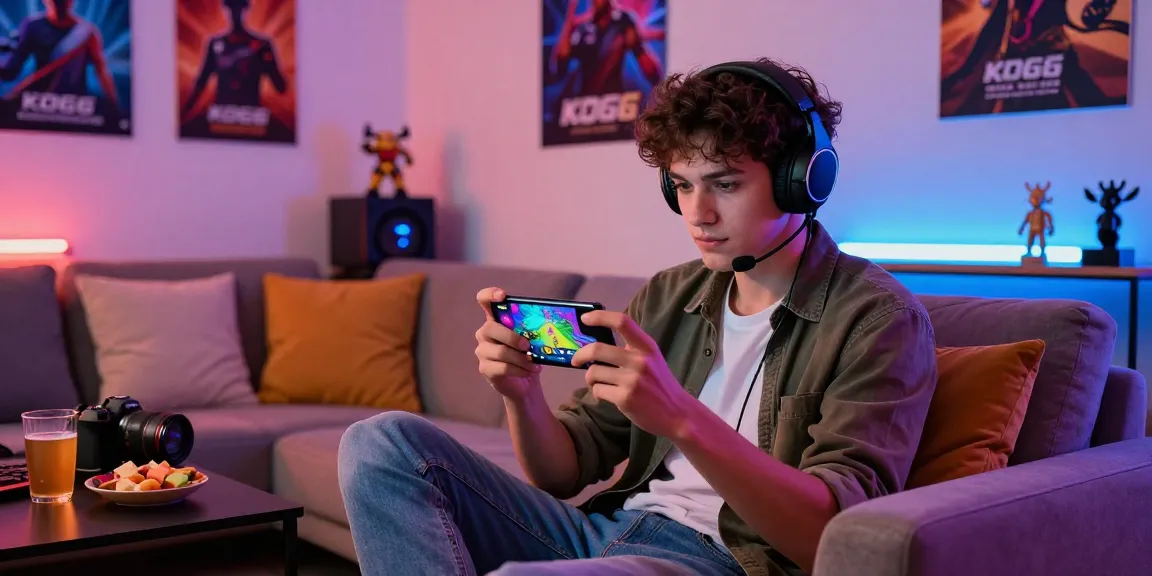 Exciting KO66 gaming scene with a young adult engaging with the app, vibrant graphics and cozy atmosphere.