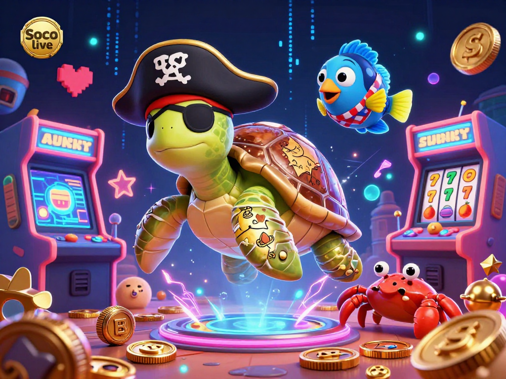 Soco live showcases a vibrant casino scene with a pirate turtle and game elements, emphasizing fun and excitement.