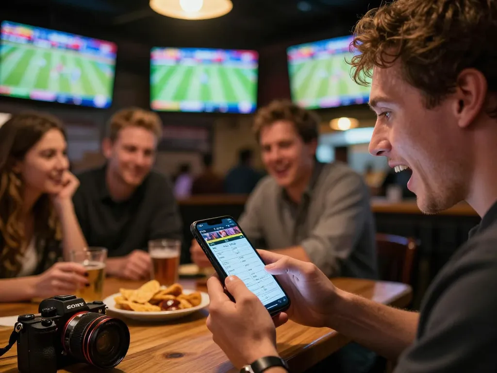 Active sports betting engagement at a bar with kèo nhà cái 8 displayed on screens