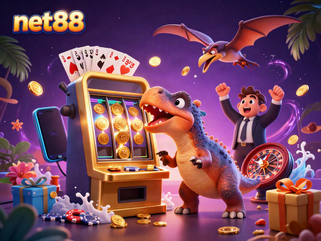 Experience thrilling jackpots at net88 with animated dinosaur characters in a vibrant casino.