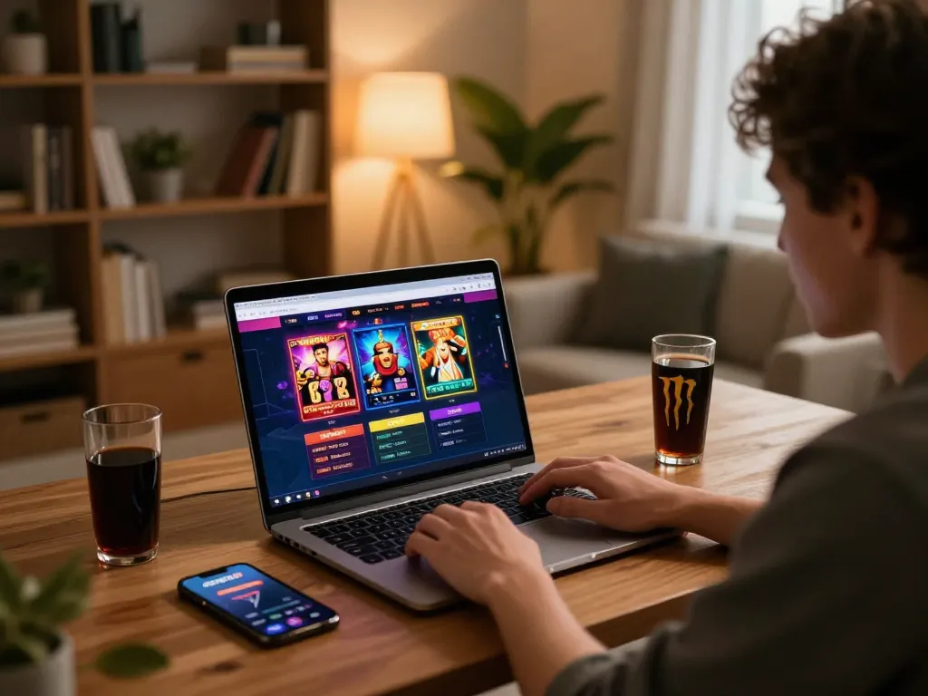 Player engaging with online casino games on 98win, showcasing vibrant interface and cozy setup.