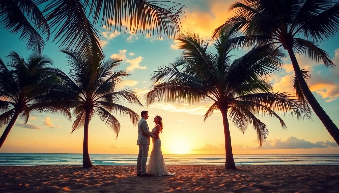 Destination photographer capturing a romantic beach wedding at sunset.