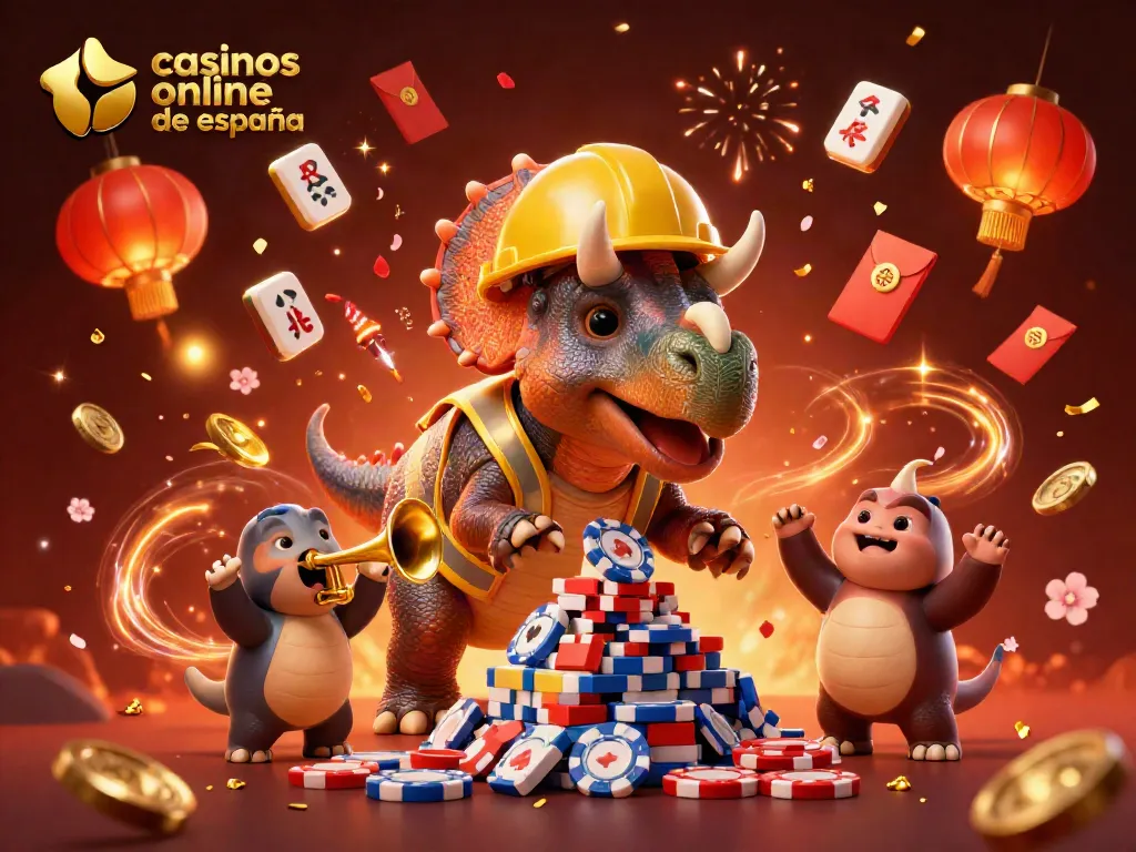 Los mejores casinos online de España: triceratops celebrando entre monedas y juegos de azar.