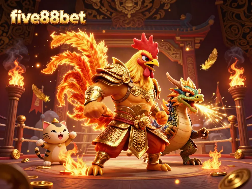 Experience vibrant action at five88bet with a golden rooster warrior, dragon hatchling, and fortune cat in an electrifying casino arena.