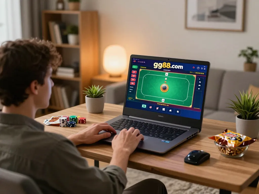 Engaging in online poker at gg88 com in a cozy home office, emphasizing responsible gambling.