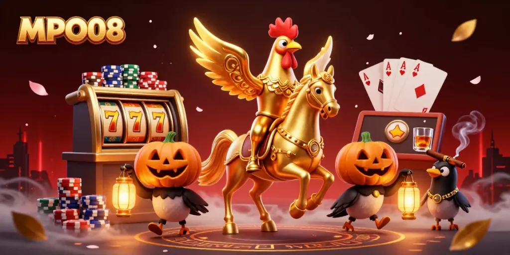 Experience winning at MPO08 with a golden rooster in a vibrant casino filled with slot reels.