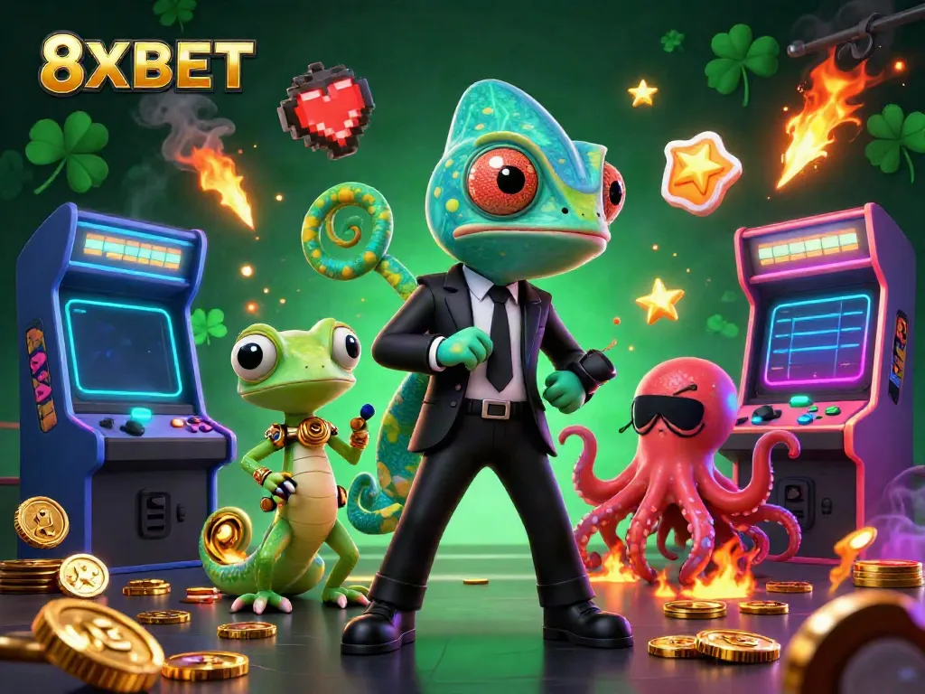 Experience the thrill of 8XBET with a vibrant 3D casino illustration showcasing gaming excitement and dynamic characters.