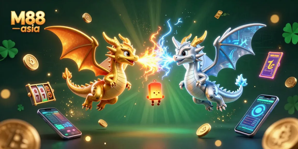 M88 asia offers an exciting gaming experience with dragons and vibrant casino elements in this illustration.