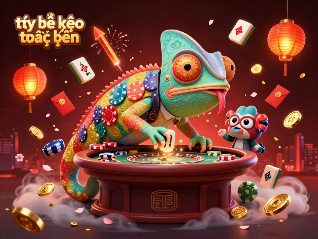 Experience the thrill of tỷ lệ kèo trực tuyến with our vibrant, colorful chameleon casino owner illustration.