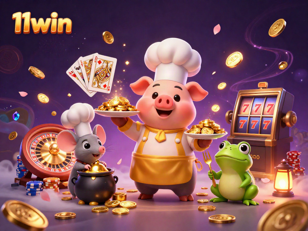 Engage with thrilling gaming at 11win, where gold coins cascade amidst colorful poker chips and lively characters.
