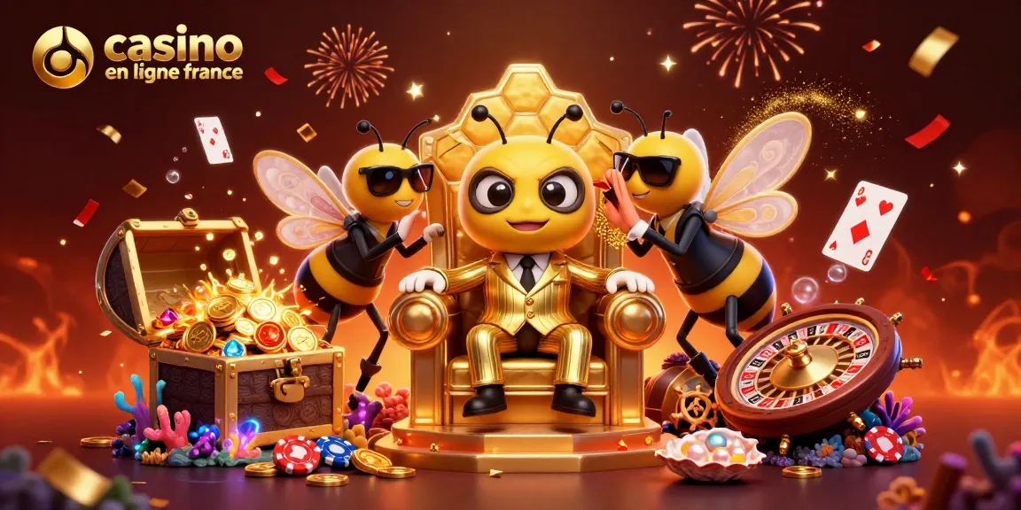 Plongez dans l'univers captivant de casino en ligne France avec cette illustration 3D dynamique, mettant en scène des personnages et éléments luxuriants.