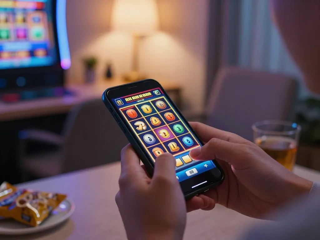 Player engaging with situs slot gacor on mobile device, showing excitement and dynamic gameplay