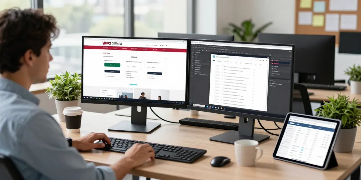 Professional workspace showing WPS Official Website on dual monitors, modern office setup.