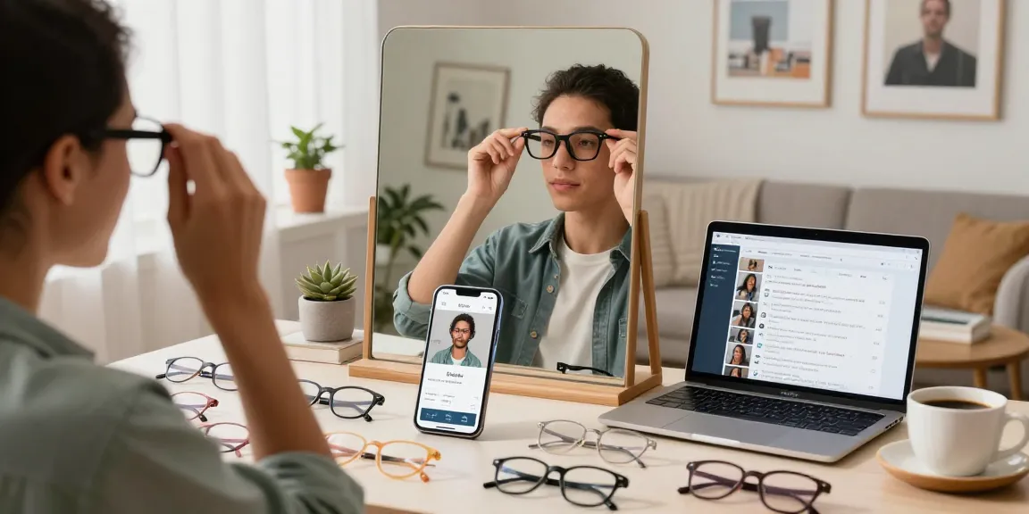 Experience the modern ótica online shopping scene with stylish eyewear in a cozy home.