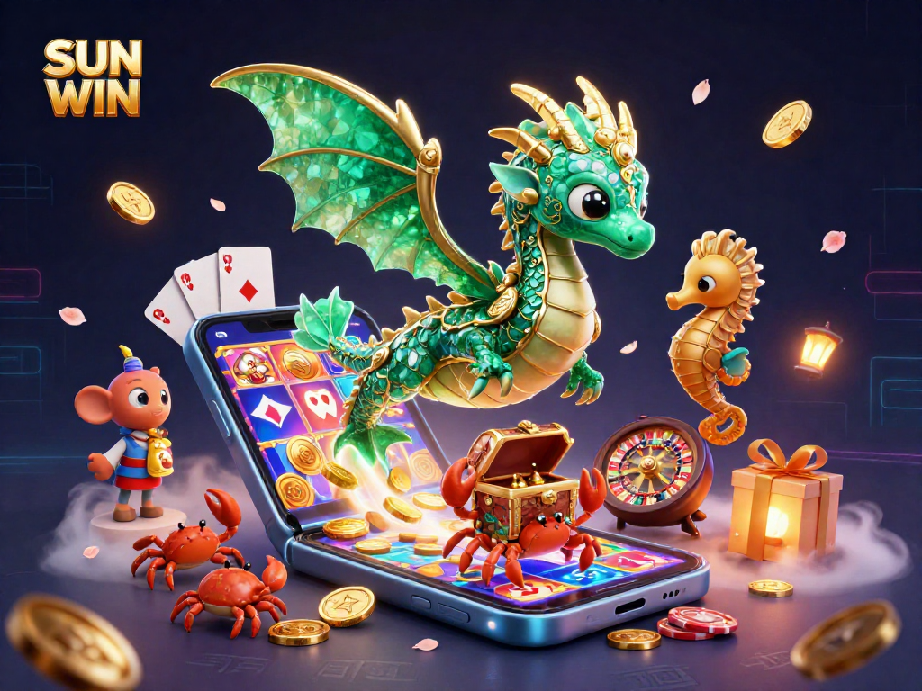 SUN WIN offers an engaging casino experience featuring a vibrant gambling scene with a sea dragon and slot elements.