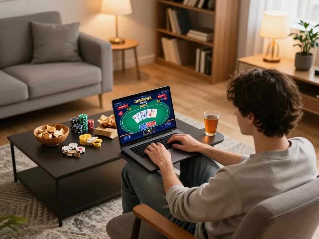 Player engaging in a lively poker game on rikvip, showcasing an inviting home gaming setup with snacks.