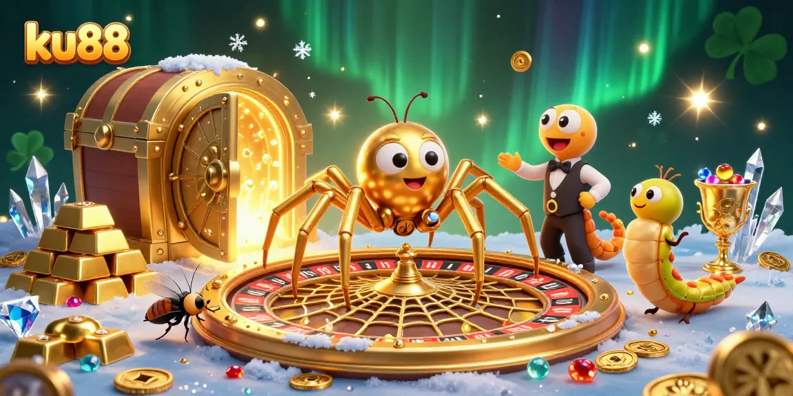 Bets fly high at ku88 as a golden spider spins a roulette web while treasures glimmer.