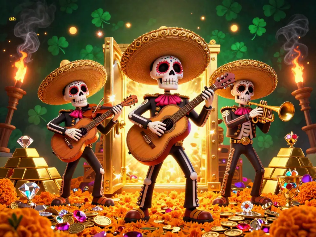 Experience the festive energy of mubet with a colorful mariachi band amidst treasures in this vibrant 3D scene.