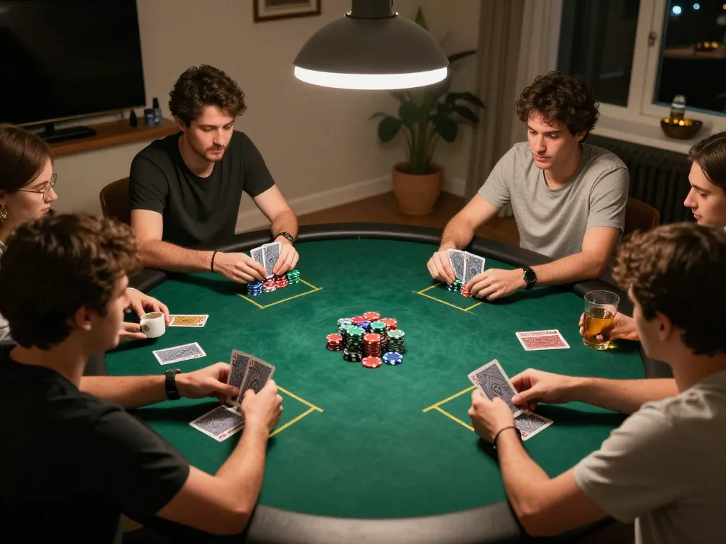 Engaging poker scene with players holding cards and chips at a friendly home game, showcasing 77WIN strategy.