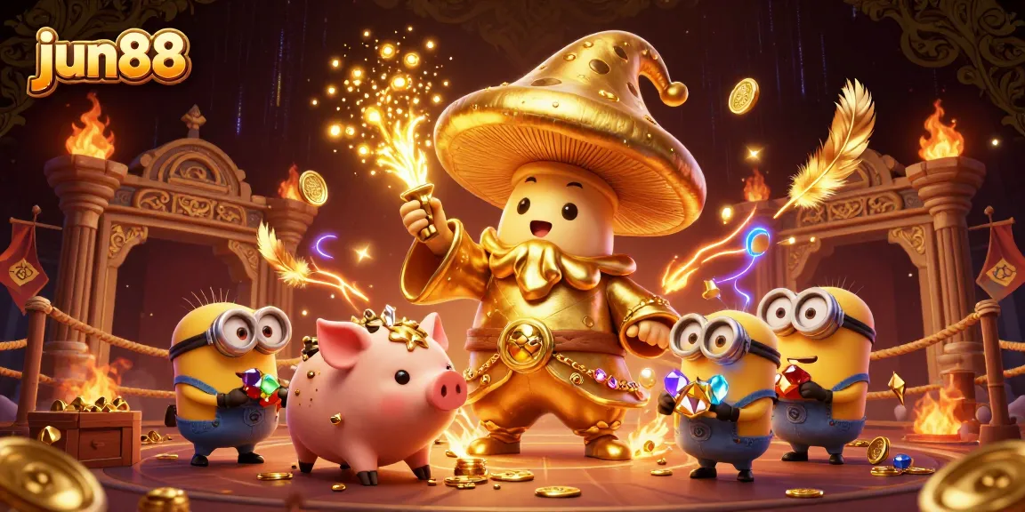 Transform your gaming experience with jun88's vibrant 3D illustration featuring magical characters and casino elements.