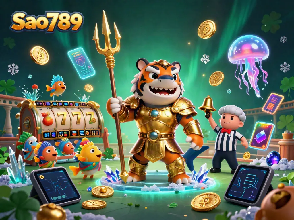 Play exhilarating games with Sao789 featuring vibrant slot elements in an energetic underwater scene.