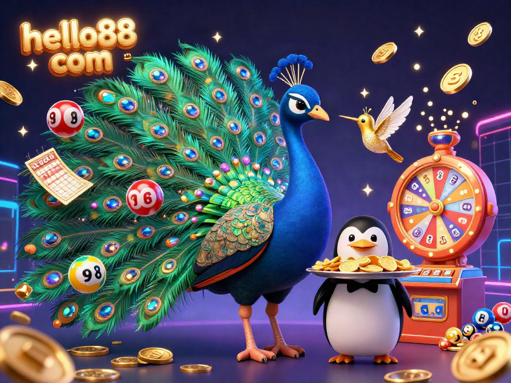 Experience thrilling gaming with hello88 com in a vibrant 3D scene featuring lottery balls and slot reels.