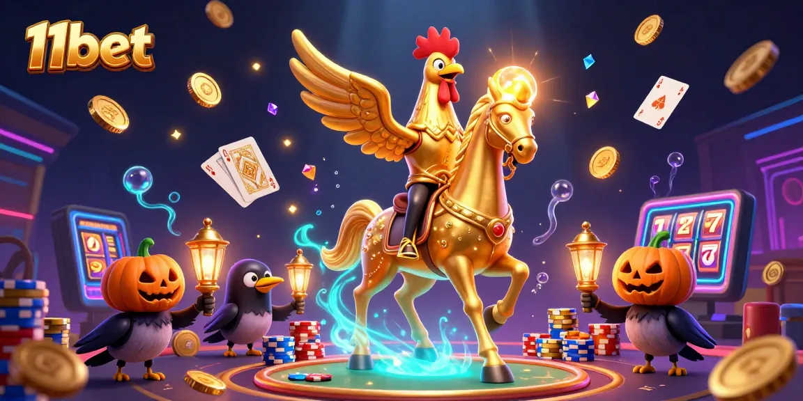 Experience thrilling gaming with 11bet featuring golden rooster in a magical casino scene.