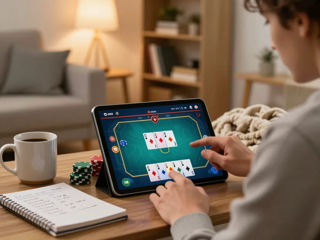 Player engaging in online poker on a tablet while relaxing at home, showcasing tr88's gaming options and strategic play.
