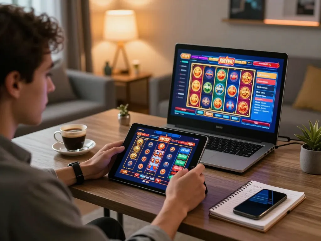 Engaging with Link Bet88 on a tablet, exploring mobile casino games in a cozy setting.