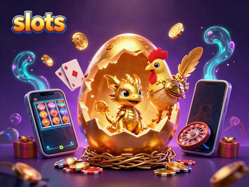 Play exciting slots with a vibrant scene featuring golden eggs, a baby dragon, and dynamic casino elements.