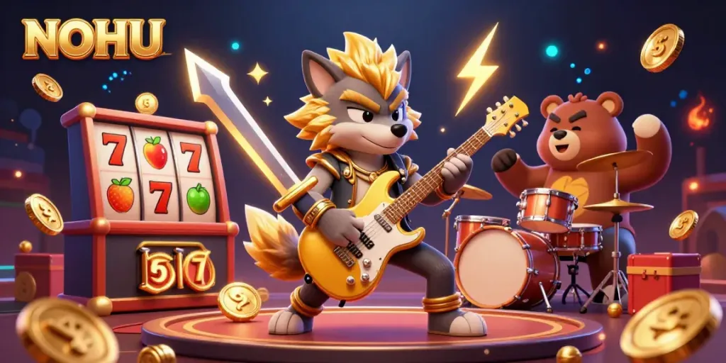 Experience thrilling slots at NOHU with a rock star wolf performing on stage, surrounded by vibrant casino game elements.