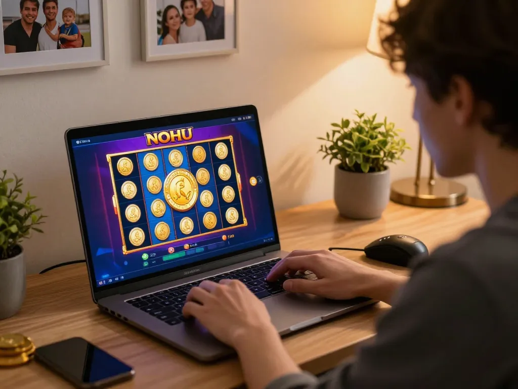 Engaging gameplay of game nohu on laptop, depicting vibrant graphics and virtual rewards in a cozy home setting.