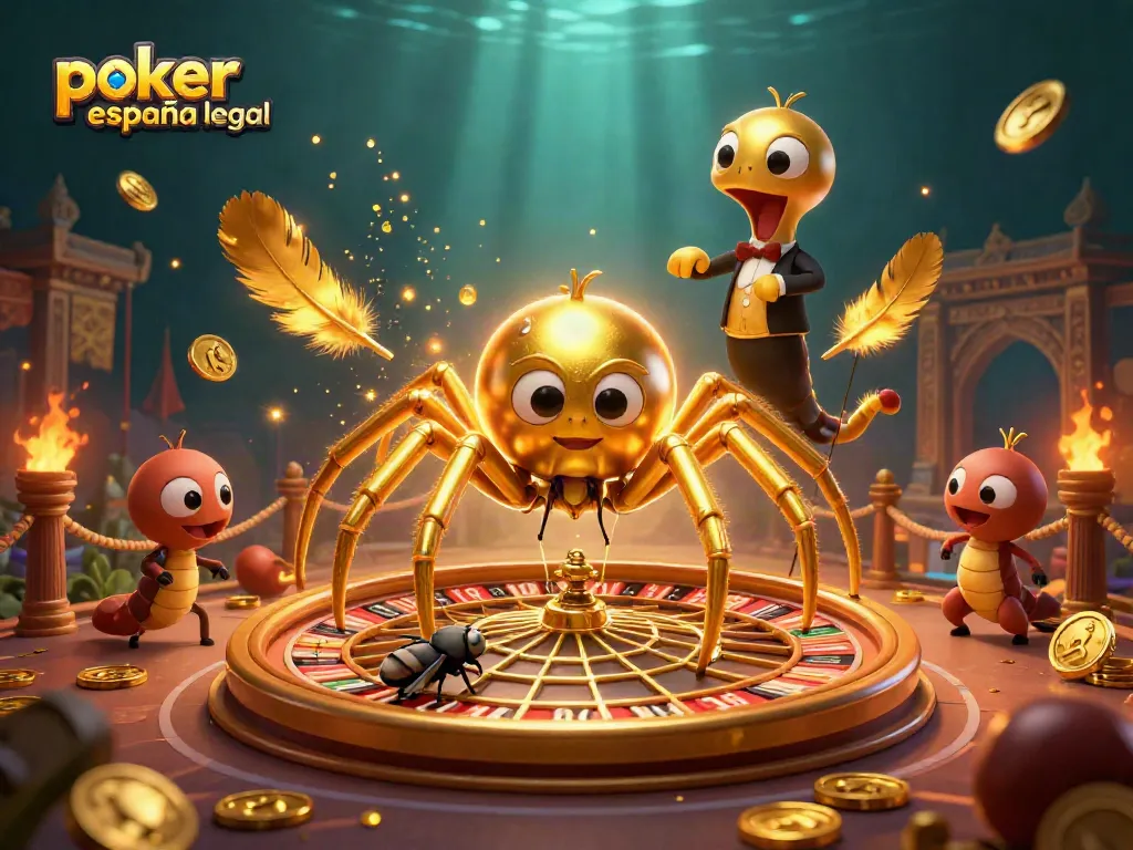 Poker online en España legal: Apuesta con confianza mientras giras una web de ruleta dorada con elementos de casino vívidos.