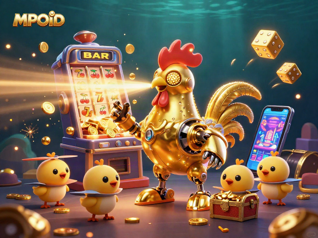 MPOID delivers thrilling gambling experiences with a sensational 3D illustration featuring a golden rooster robot and exciting casino elements.