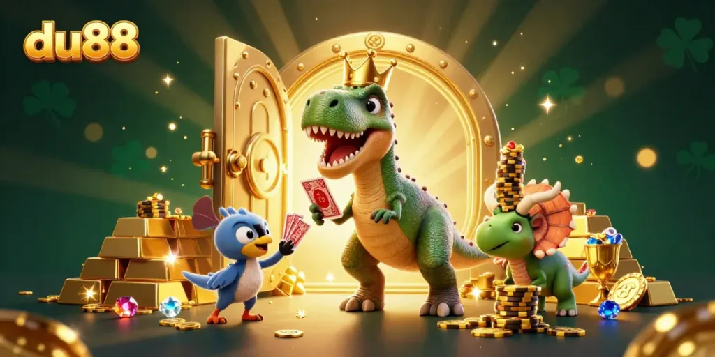 Join the fun at du88 with 3D cartoon characters enjoying a casino-themed adventure filled with treasure and excitement.