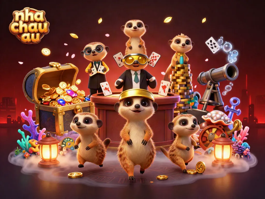 Các meerkats quản lý nhà cái châu Âu trong cảnh casino hấp dẫn đầy vàng và viên ngọc.