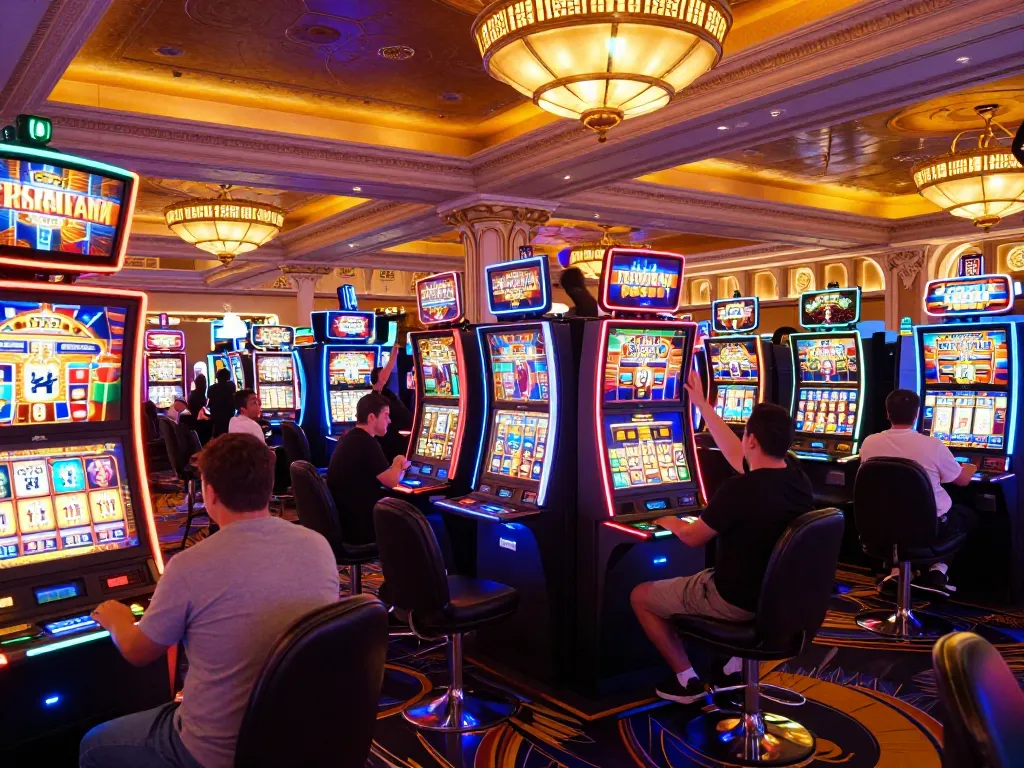 Pemain di mesin slot yang bersemangat di Paris Las Vegas Casino, merasakan kemenangan mendebarkan dengan suasana slot paris