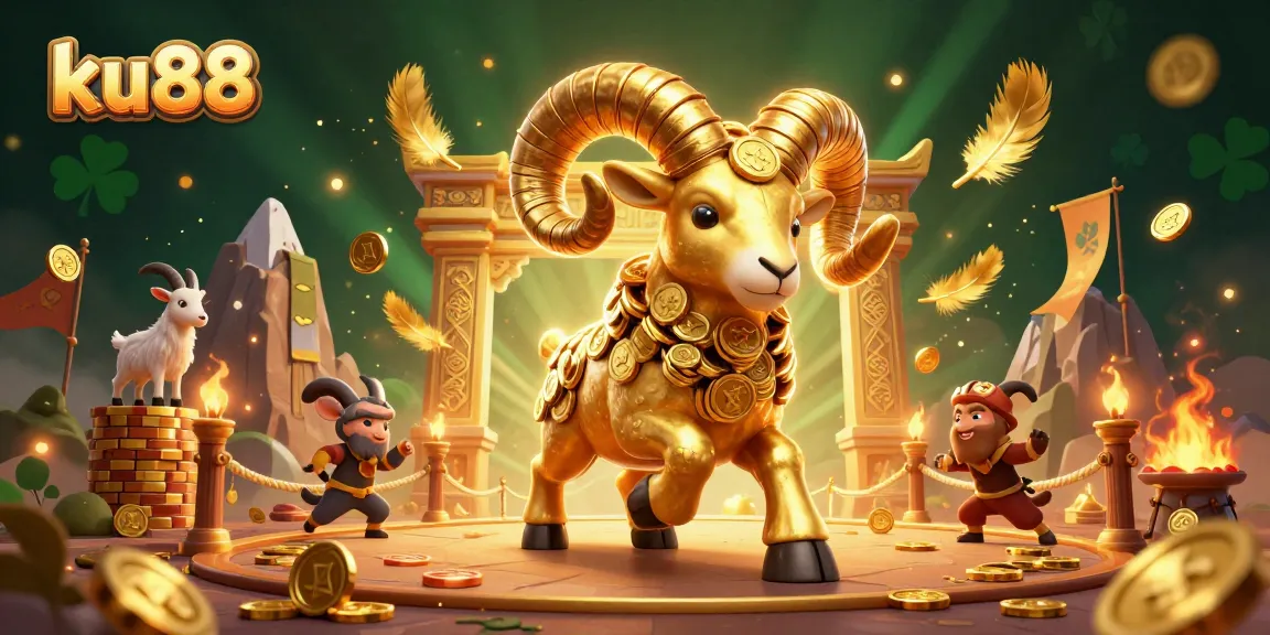 Engage in thrilling gameplay with ku88’s golden ram charging through a vibrant casino arena.