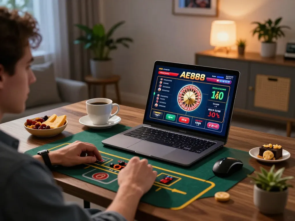 Player enjoying AE888 live casino game on laptop in cozy home setup with snacks and warm lighting.