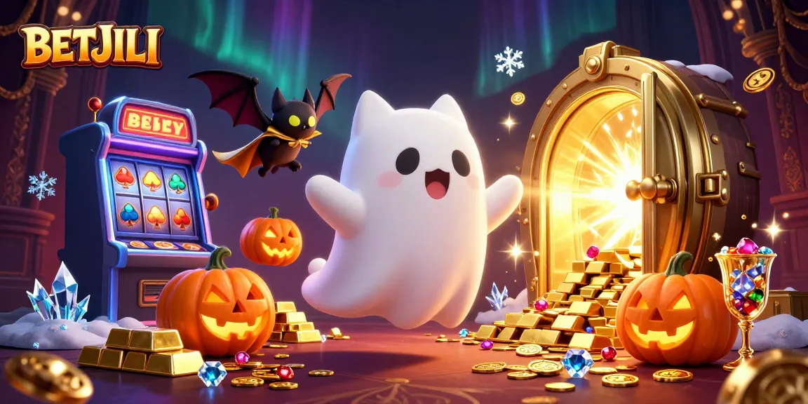 BETJILI showcases a ghost cat in a vibrant casino, surrounded by treasures and spooky elements.