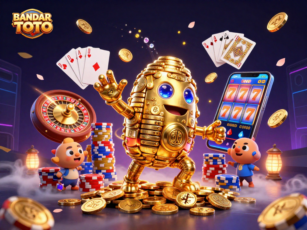 Engage with BANDAR TOTO's dynamic gaming scene featuring golden golems, coins, and casino elements.