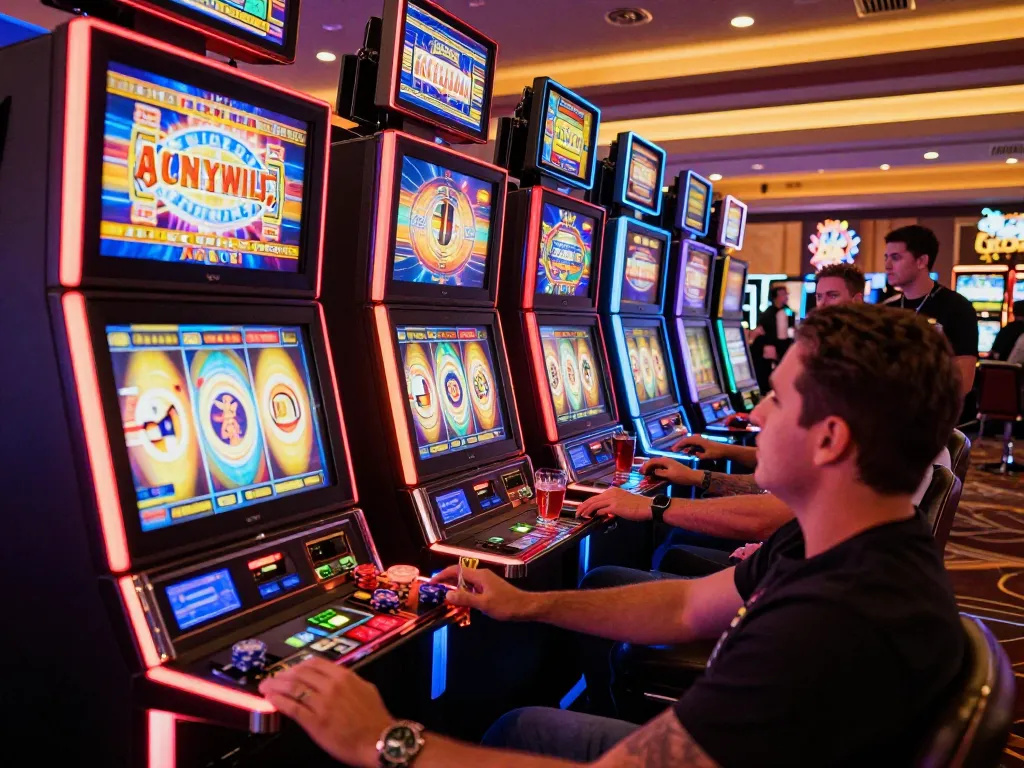 Engaged players watching a SLOT machine spin in a vibrant casino atmosphere.